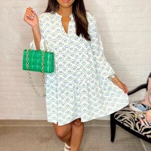 Elegant White and Blue Patterned Mini Dress